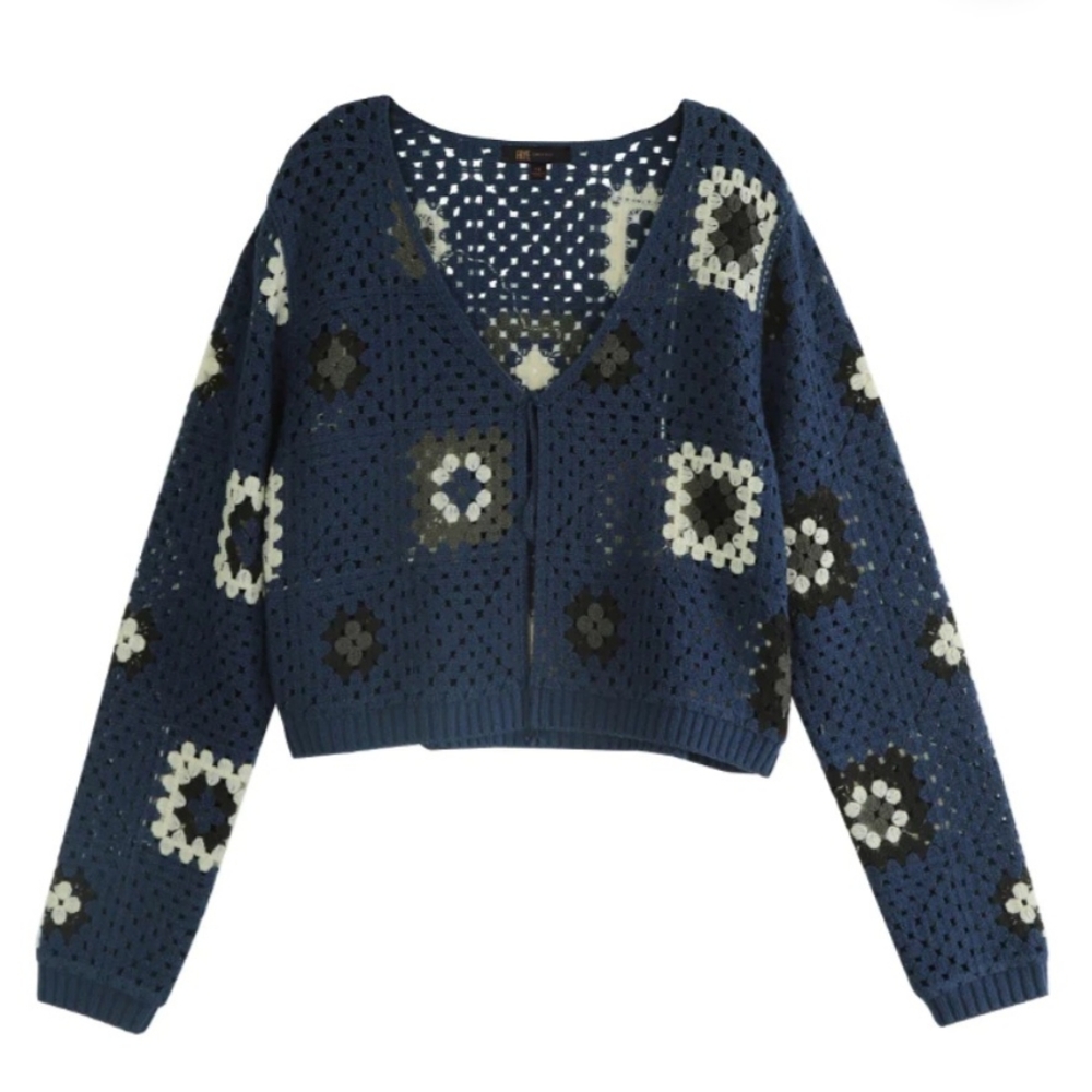 FRYE Crochet Blue and Off White Squares Pattern Cropped Cardigan Size L